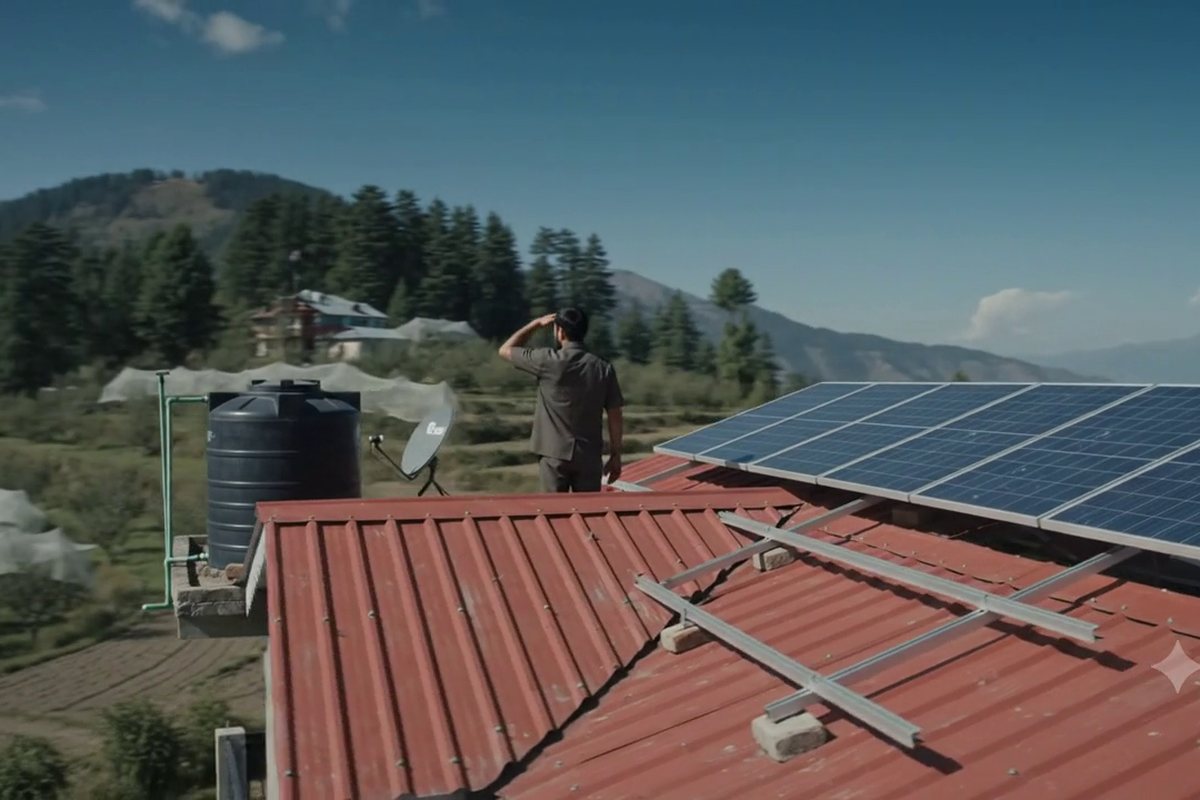 Solar panels on a red tin roof in the Shimla hills